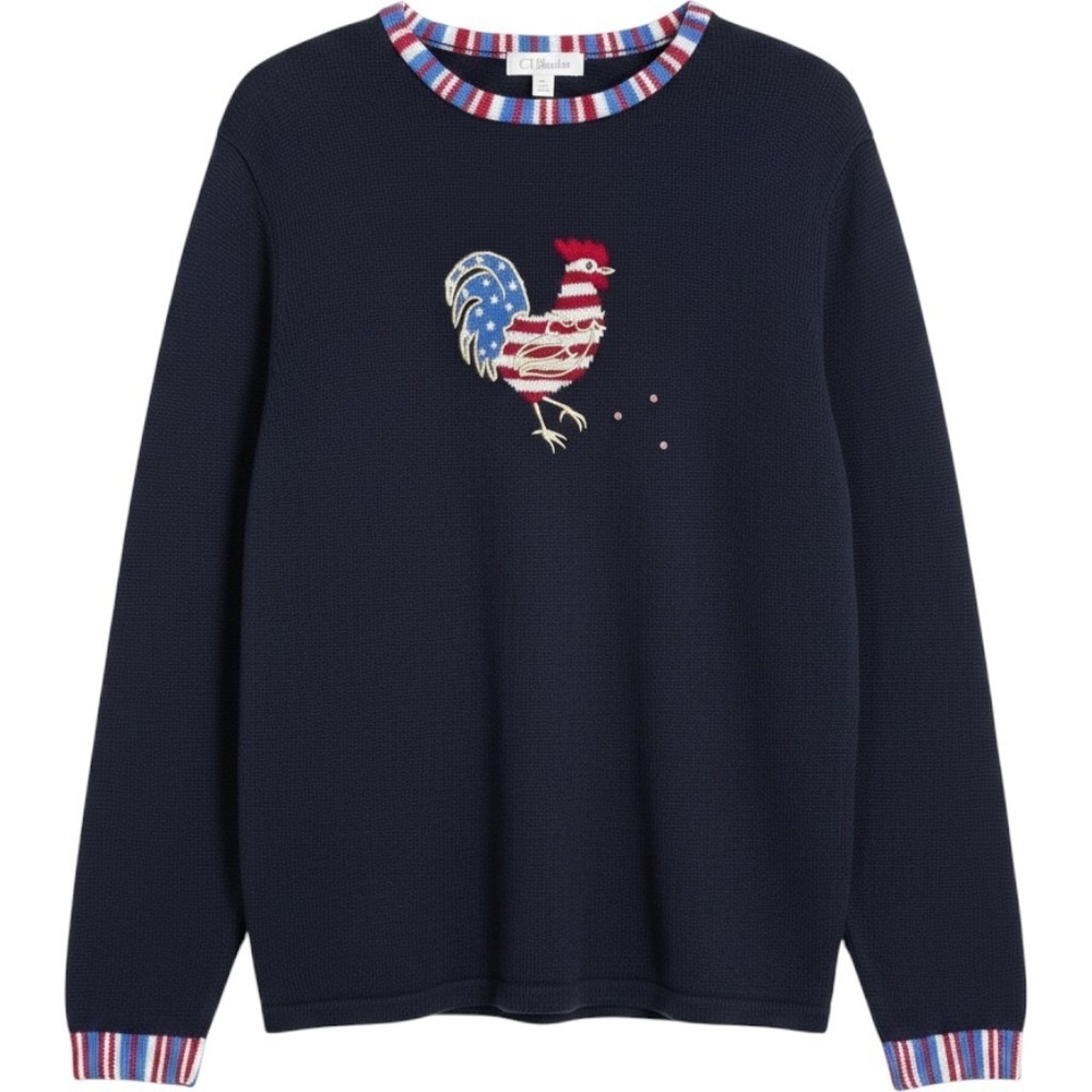 CJ Banks Sweater Women 1X Navy Americana Rooster Embroidered Vintage 6312